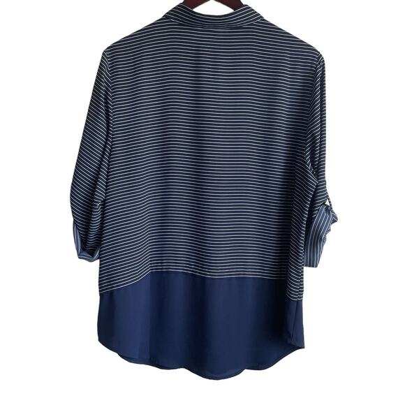 Chicos Women Top L Navy Striped Button Up‎ Casual Workwear Preppy Modern Chic - Picture 3 of 11